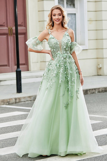 Green A-Line Spaghetti Straps Removable Sleeves Tulle Ball Dress with Appliques
